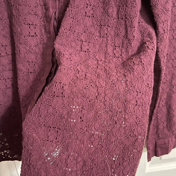 LOFT Womens Burgundy Red Long Sleeve Lace Semi Sheer Button Up Blouse Size Large - Picture 5 of 7